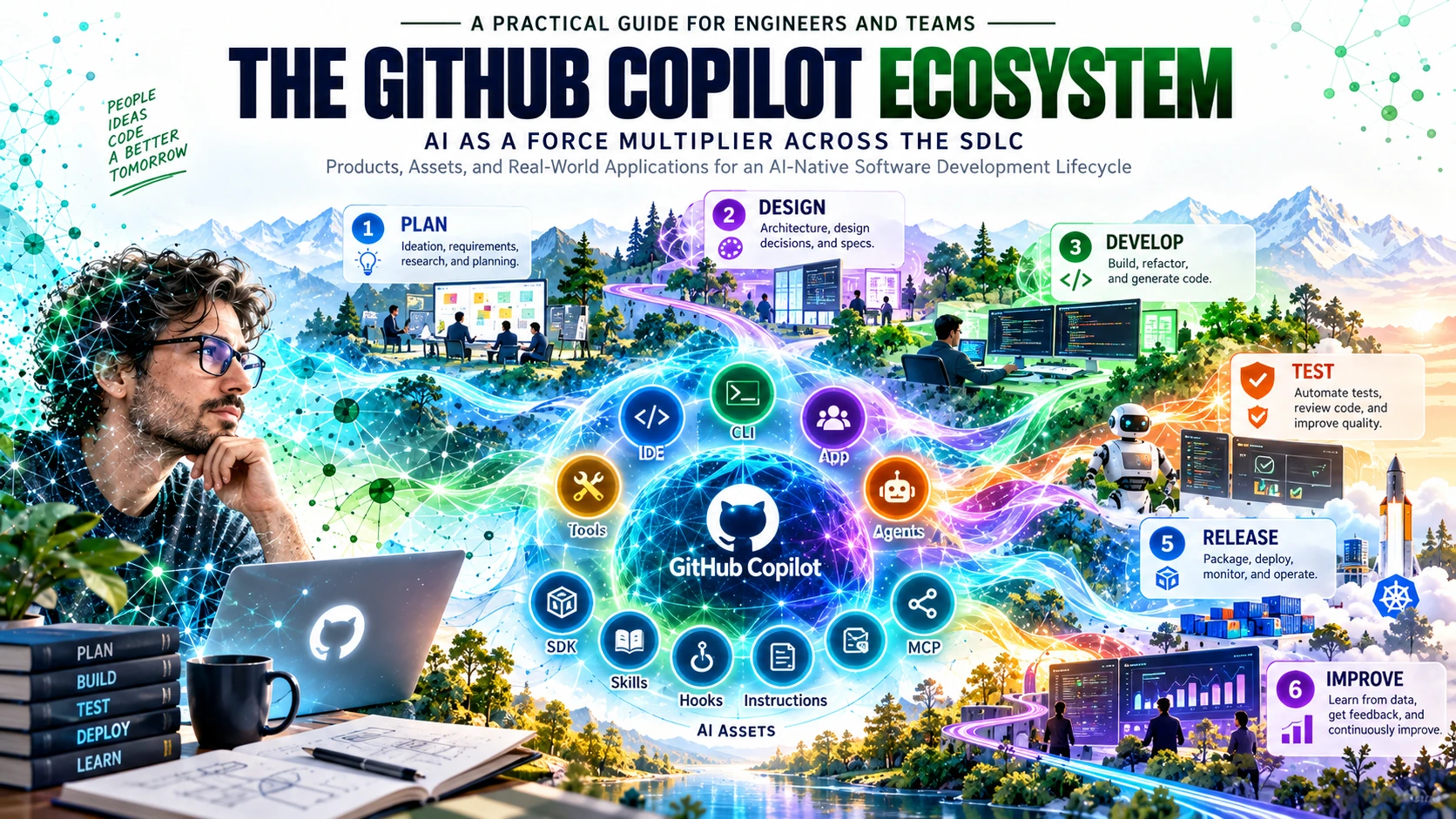 The GitHub Copilot ecosystem connecting products and reusable AI assets with the software development lifecycle.