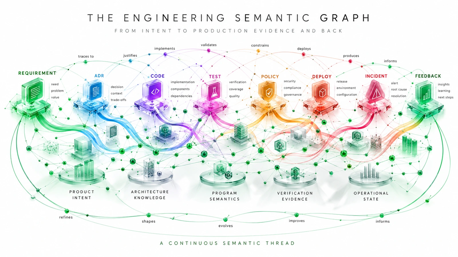 The Engineering Semantic Graph — requirement, ADR, code, test, policy, deploy, incident, and feedback linked through a continuous semantic thread