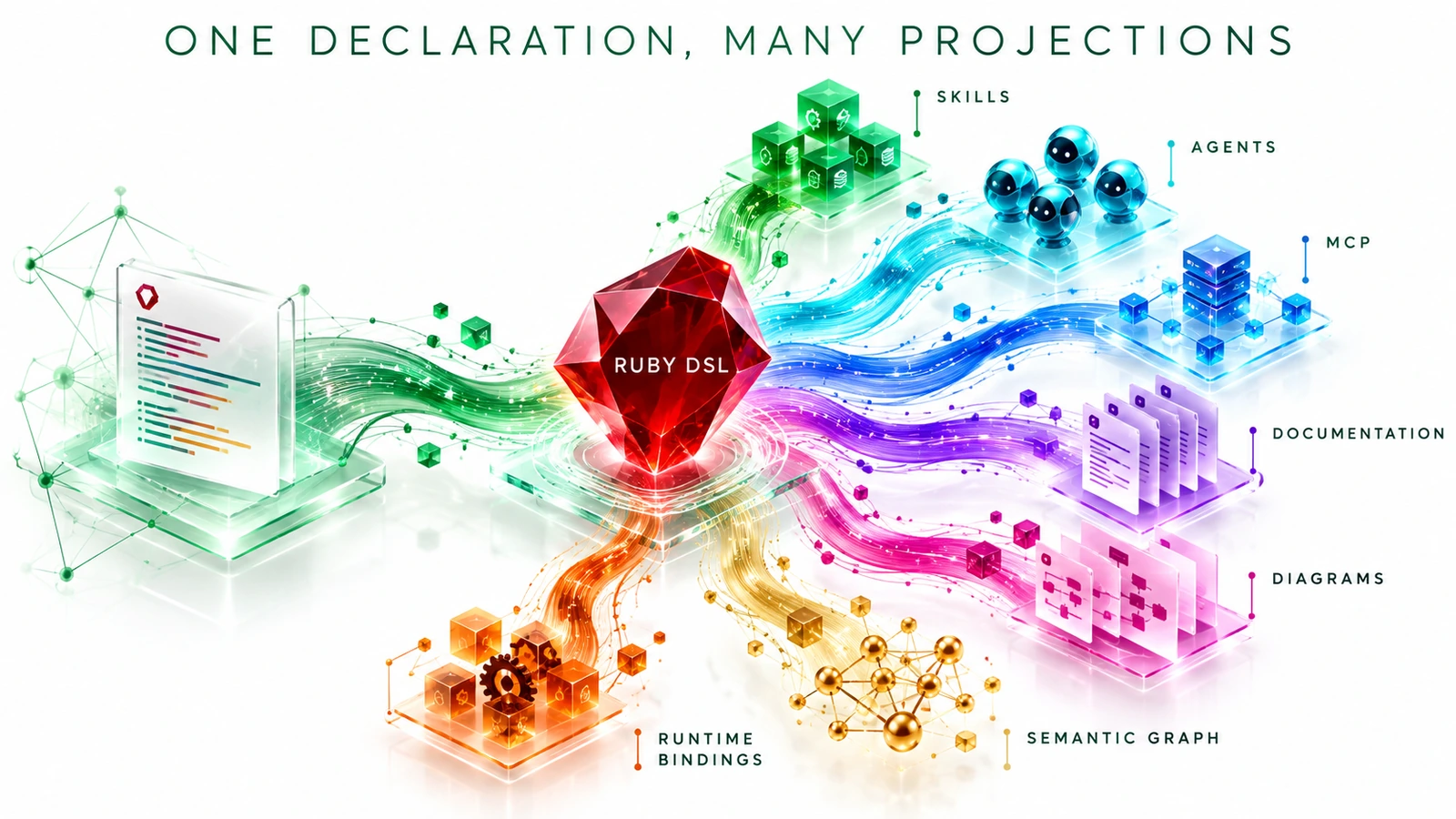 One Declaration, Many Projections — a Ruby DSL generates skills, agents, MCP, documentation, diagrams, semantic graph, and runtime bindings
