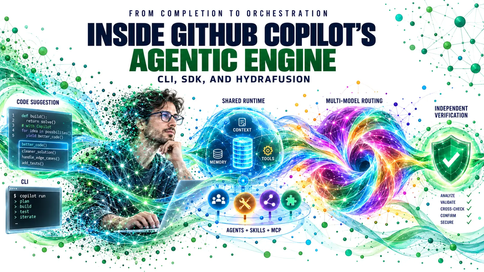 A developer dissolves into a digital network while Copilot flows from code suggestions and CLI through the shared runtime, an organic multi-model Holoflux, and independent verification.