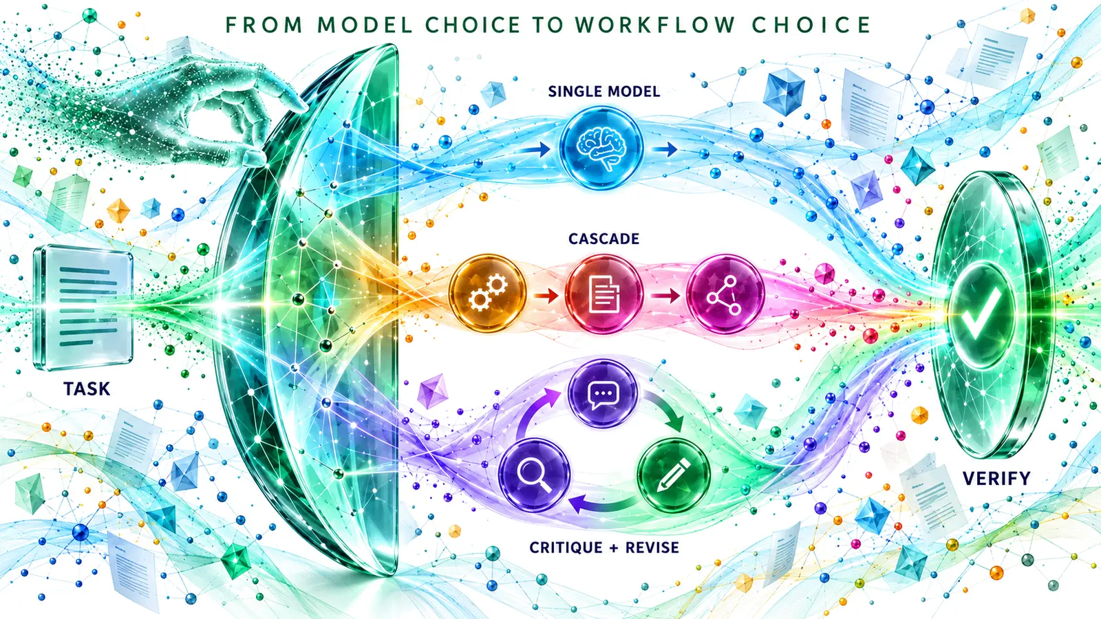 A particle-formed hand adjusts a networked routing lens that refracts a task into richly colored single-model, cascade, and critique-and-revise workflows before independent verification.