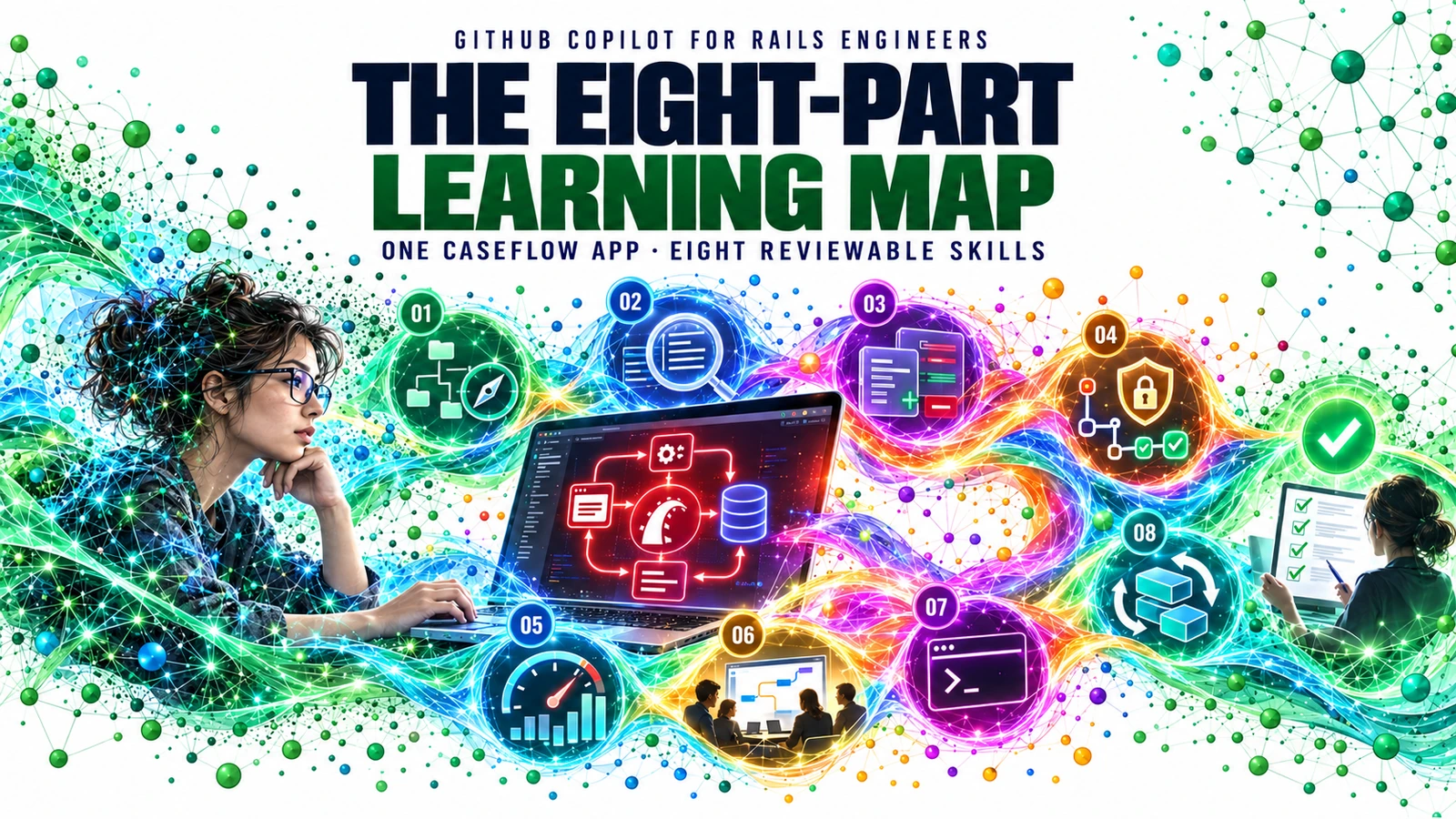 Eight illustrated learning stations surround an integrated CaseFlow Rails app as a digitized engineer follows a multicolored path toward human review.