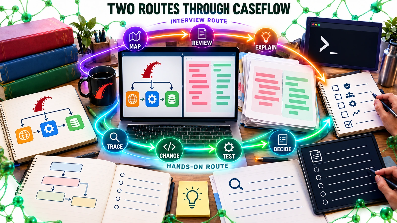 Two illuminated paths cross a Rails workbench: the interview route asks the reader to map, review and explain, while the hands-on route traces, changes, tests and decides with a reviewer.
