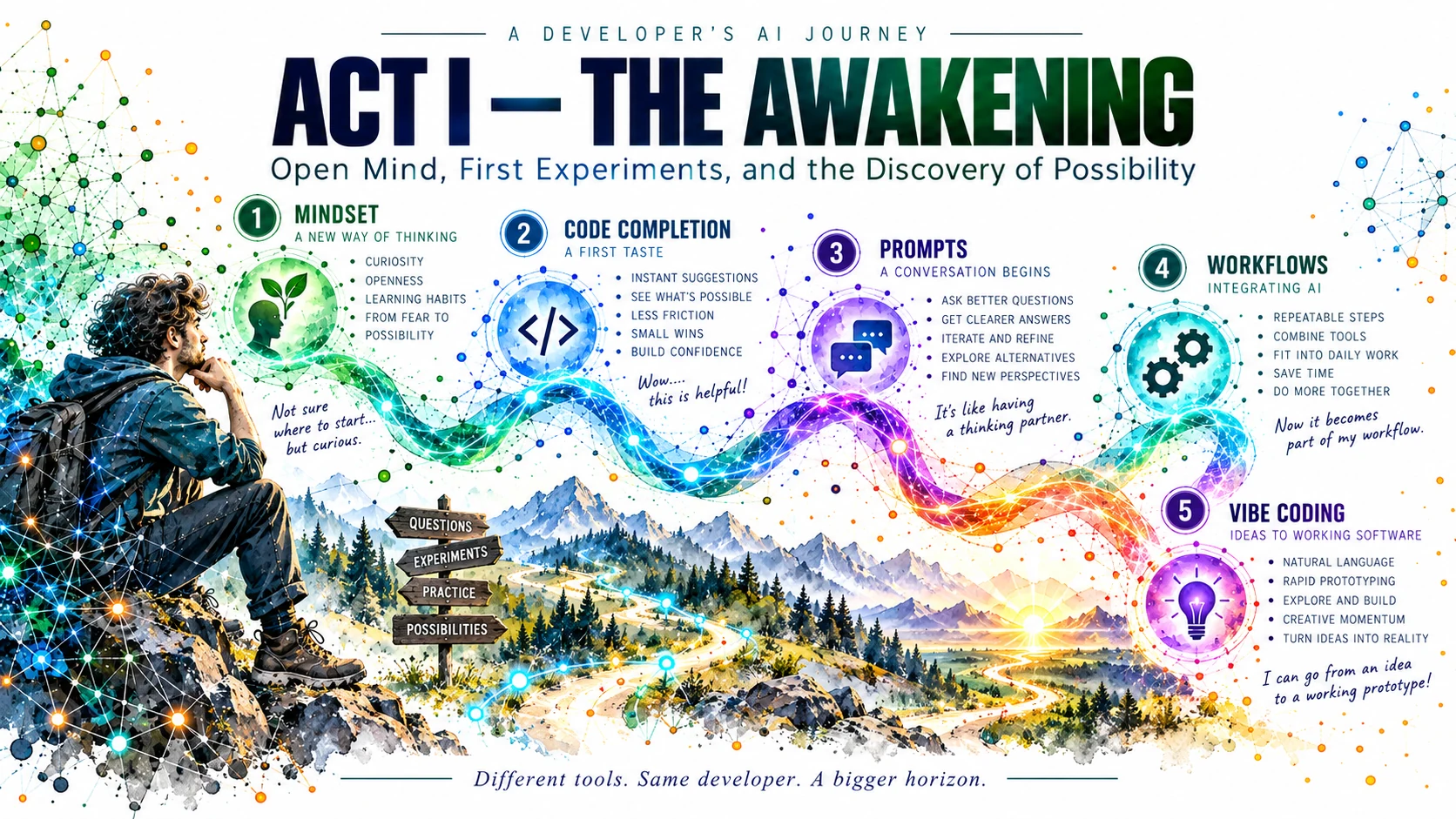 Contextual illustrated infographic: open mindset, autocomplete, prompts, workflows and vibe coding