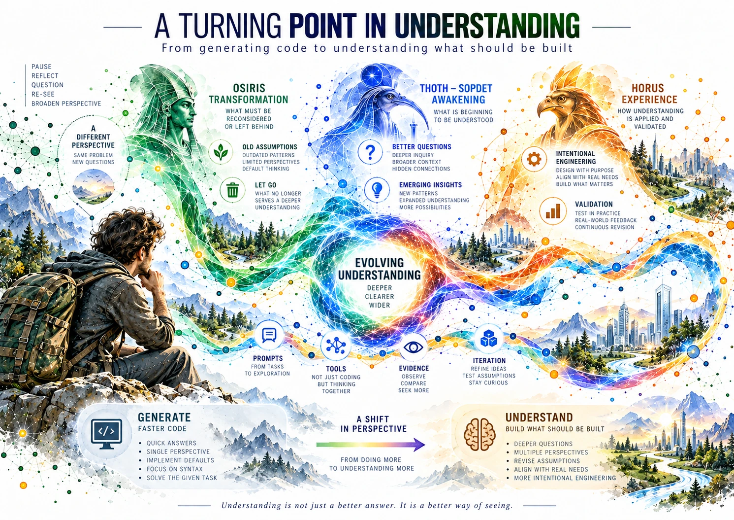 Contextual illustrated infographic about MCP, agents, Skills and verification; a developer faces the choice between generating code and understanding what to build