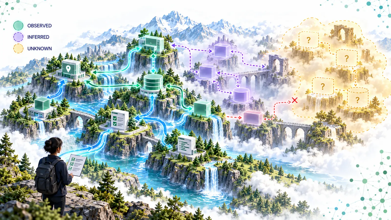 Repository evidence illuminates observed architecture paths while inferred relationships and unknown regions remain visibly distinct.