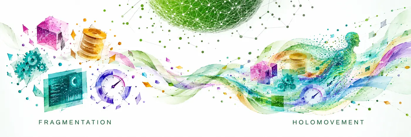 Colorful fragments representing model, memory, tools, environment, and evaluation are gathered by a wind-swept flow into a temporary agent pattern within the holomovement.