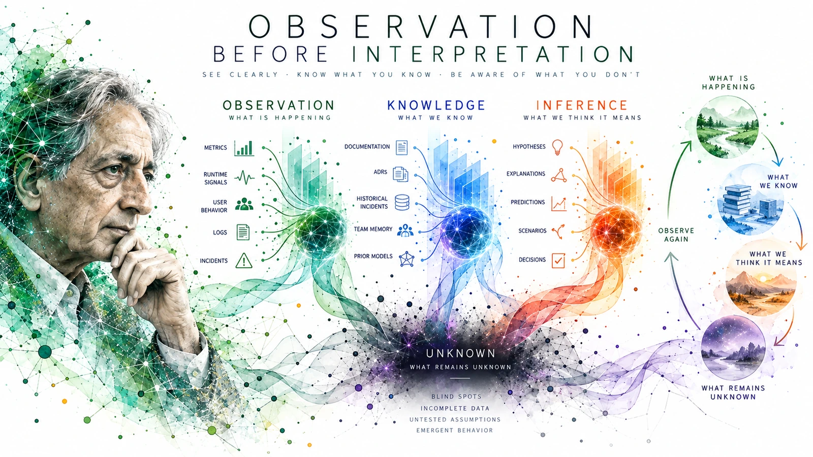 Observation Before Interpretation — a conceptual portrait of J. Krishnamurti beside observation, knowledge, inference and unknowns