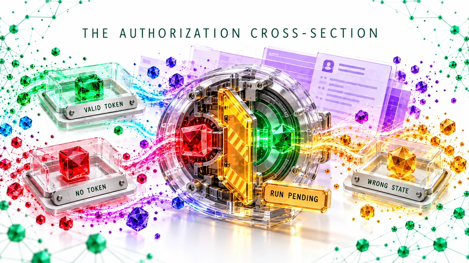 A central cutaway of an operator-token authorization guard is surrounded by valid-token, no-token and wrong-state specimens; an amber tag says run pending.