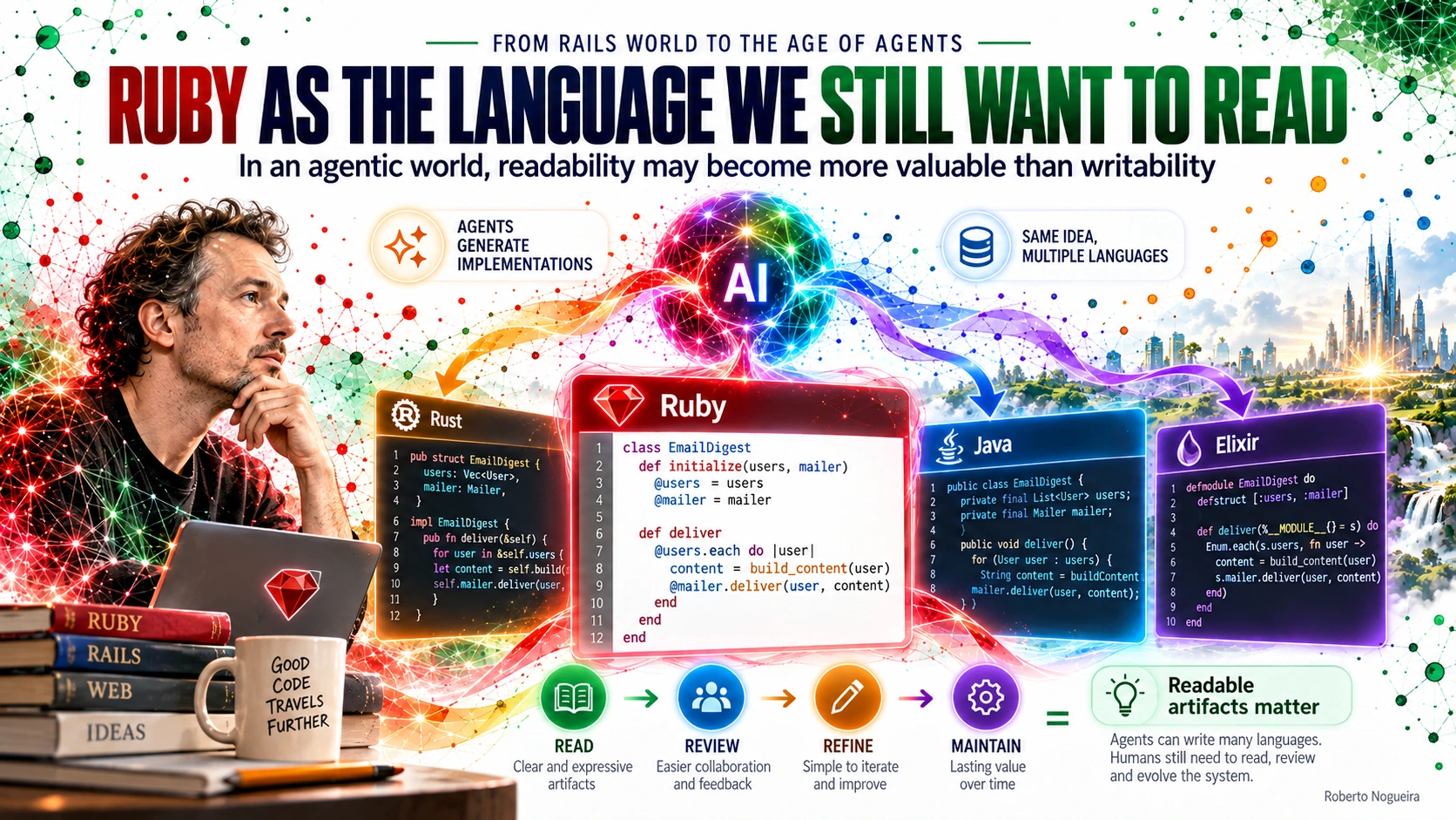 AI agents producing implementations in Ruby, Rust, Java, and Elixir, with Ruby highlighted as a readable artifact for human review