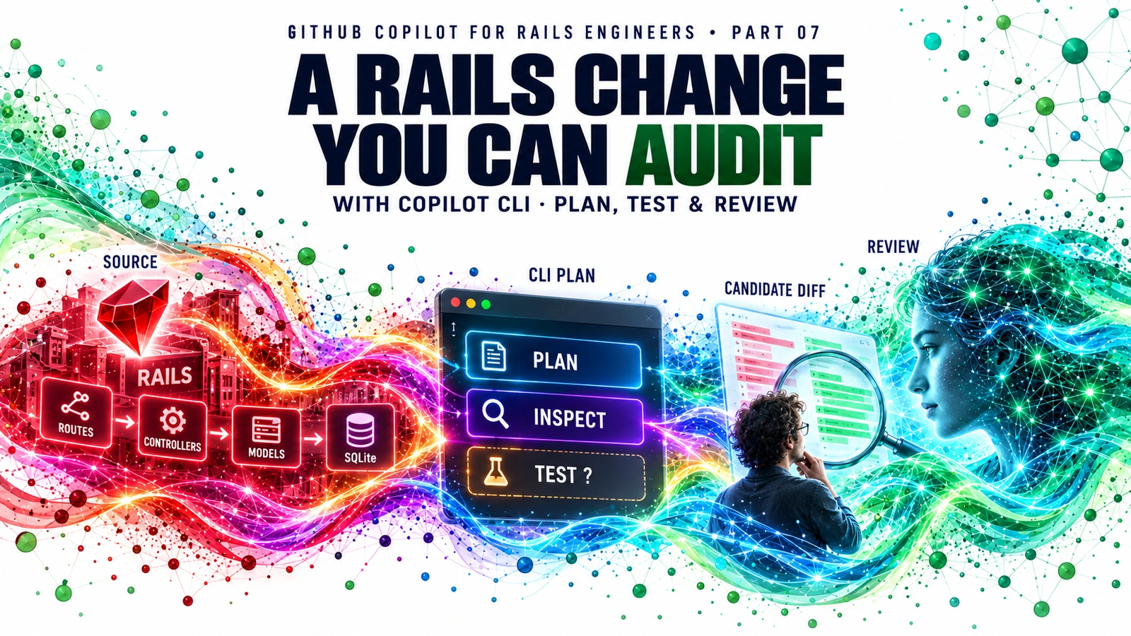 GitHub Copilot for Rails Engineers Part 07: a digital guide faces a terminal connected to the CaseFlow Rails application, a proposed diff, an unrun test and a human reviewer.