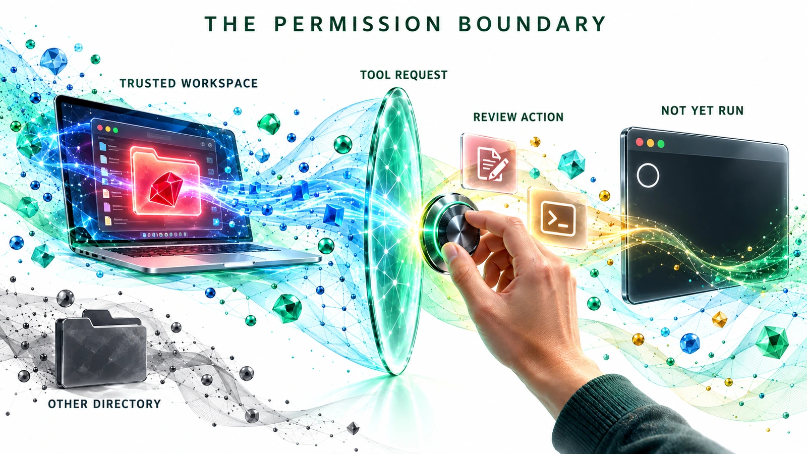 An illustrated Copilot CLI session reads the trusted CaseFlow workspace; a human permission gate separates a proposed edit and shell command from source reading, with unexecuted tests beyond it.