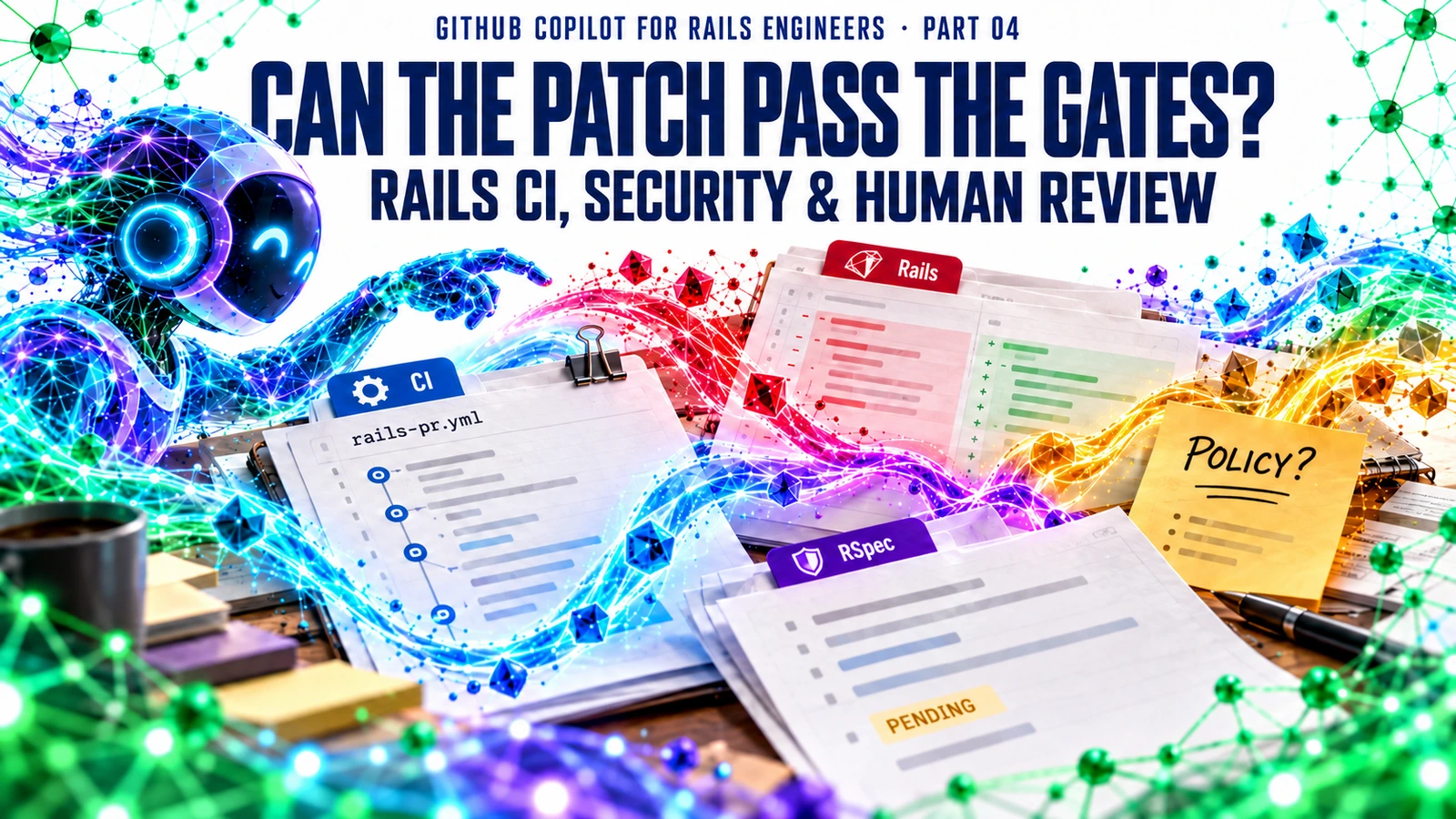 Part 04: a digitized Copilot-inspired character in profile examines a proposed Rails CI workflow, source diff, unrun RSpec draft and an open policy question, linked by flowing Holoflux.