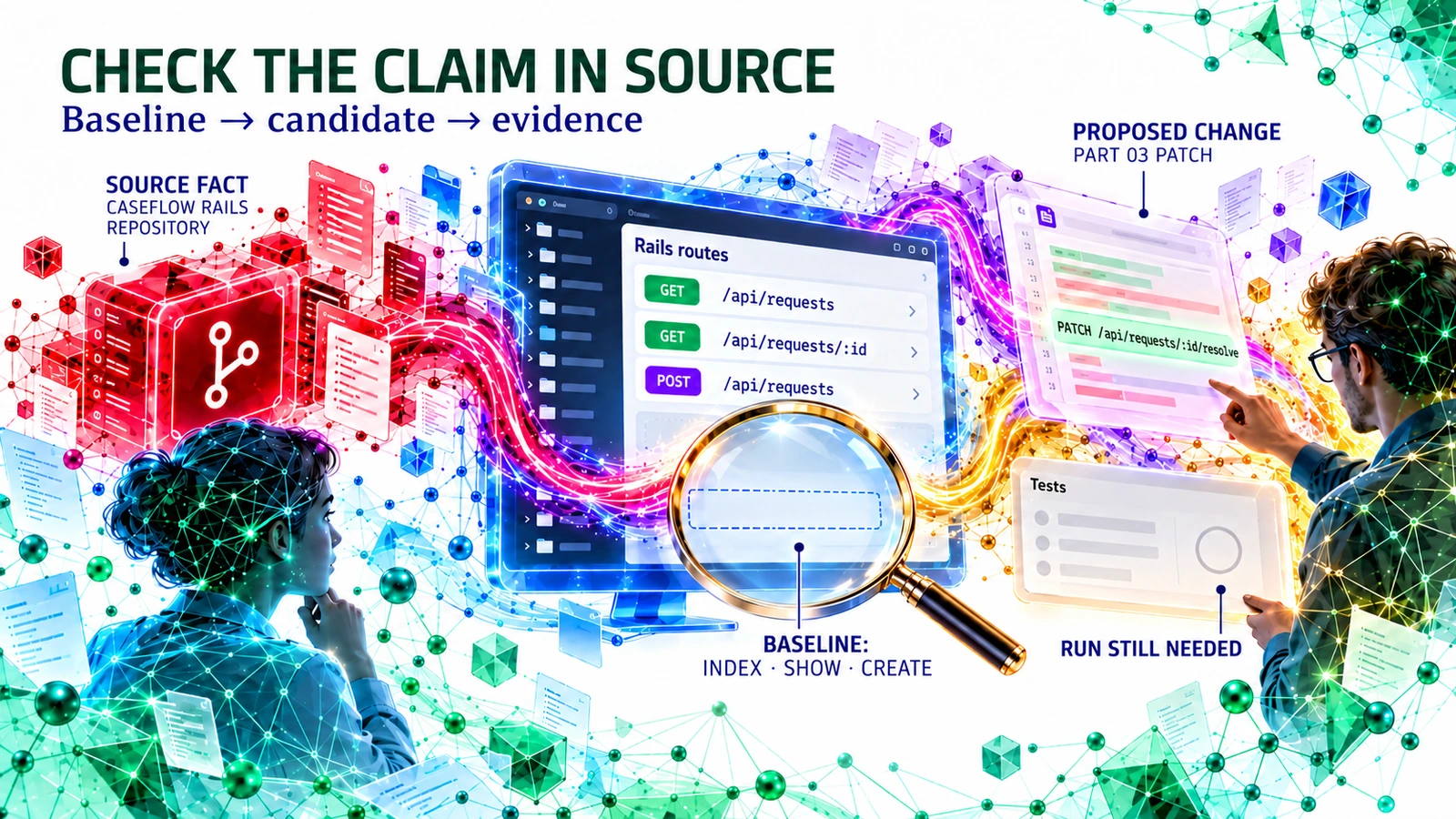 An illustrated CaseFlow Rails source inspector shows only GET and POST request routes in the baseline; a separate proposed PATCH resolve route and an empty test log need verification by a reviewer.