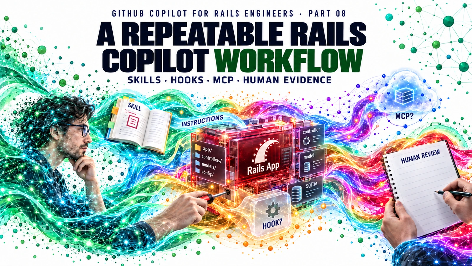 GitHub Copilot for Rails Engineers Part 08: a digitized guide faces the CaseFlow Rails workbench, where repository instructions, a task recipe and permitted tools feed evidence to a human reviewer; optional boundaries remain visible.