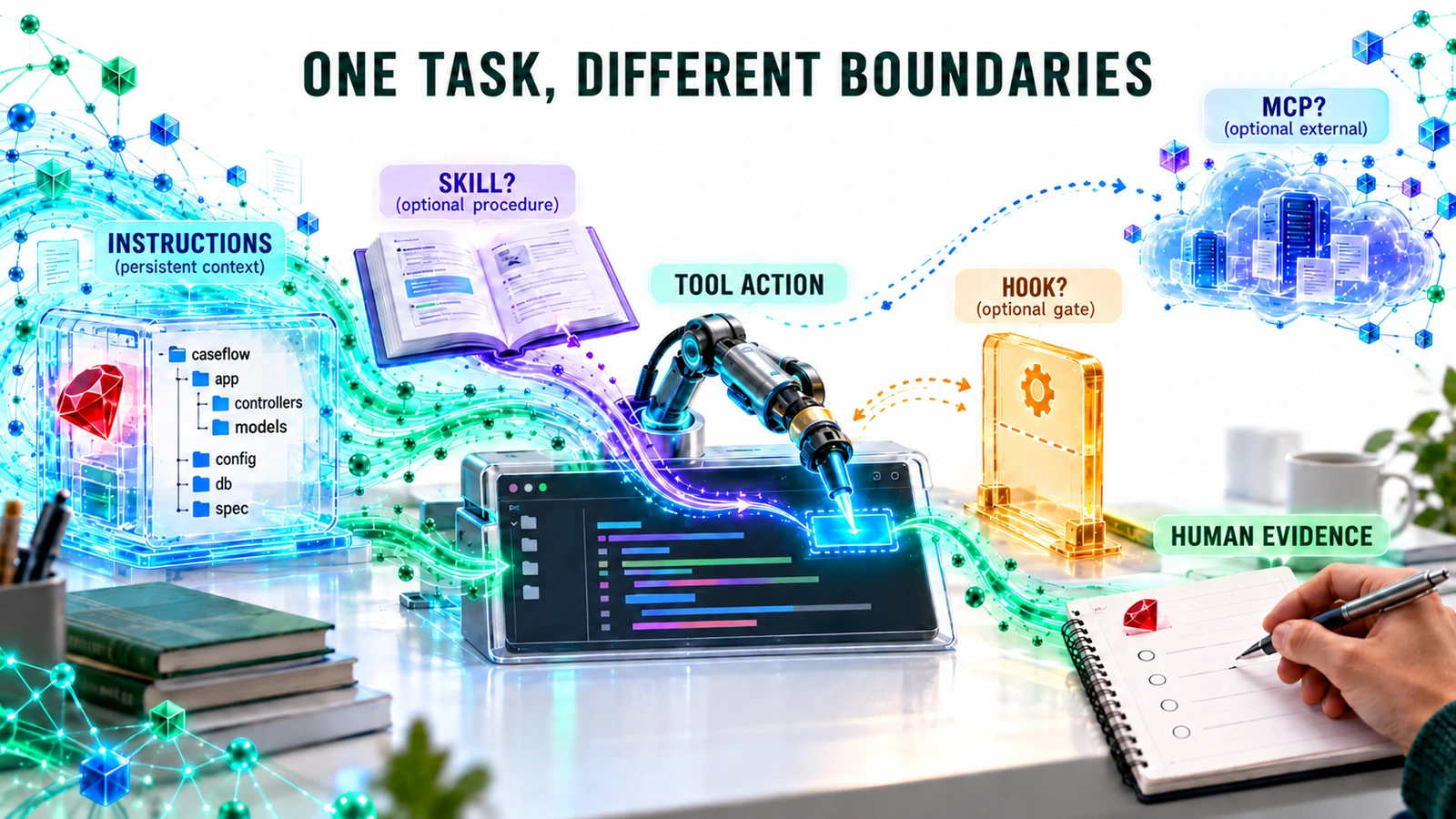 A cutaway CaseFlow workbench shows persistent instructions around a task recipe, a local tool action, an optional external MCP bridge and an inactive guard checkpoint; Ruby evidence and human review remain downstream.