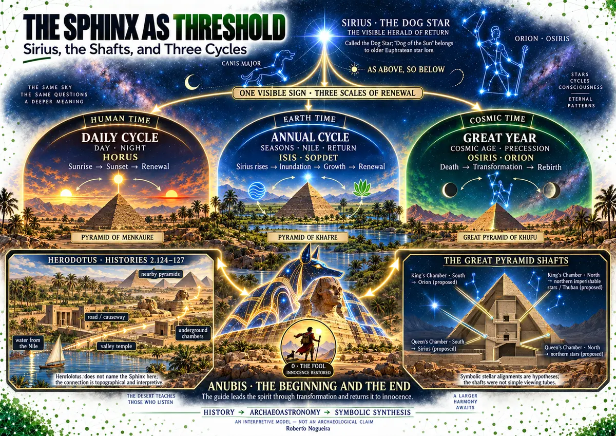 Interpretive map connecting Sirius, Herodotus, the Great Pyramid shafts, the Sphinx, and three symbolic cycles