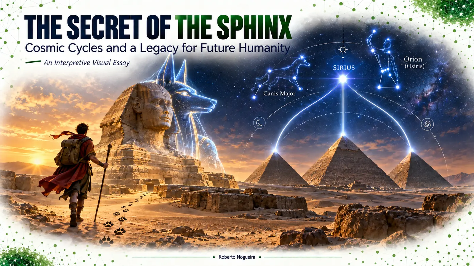 Symbolic illustration of a traveler approaching an Anubis-headed Sphinx beneath Sirius, Orion, and the pyramids