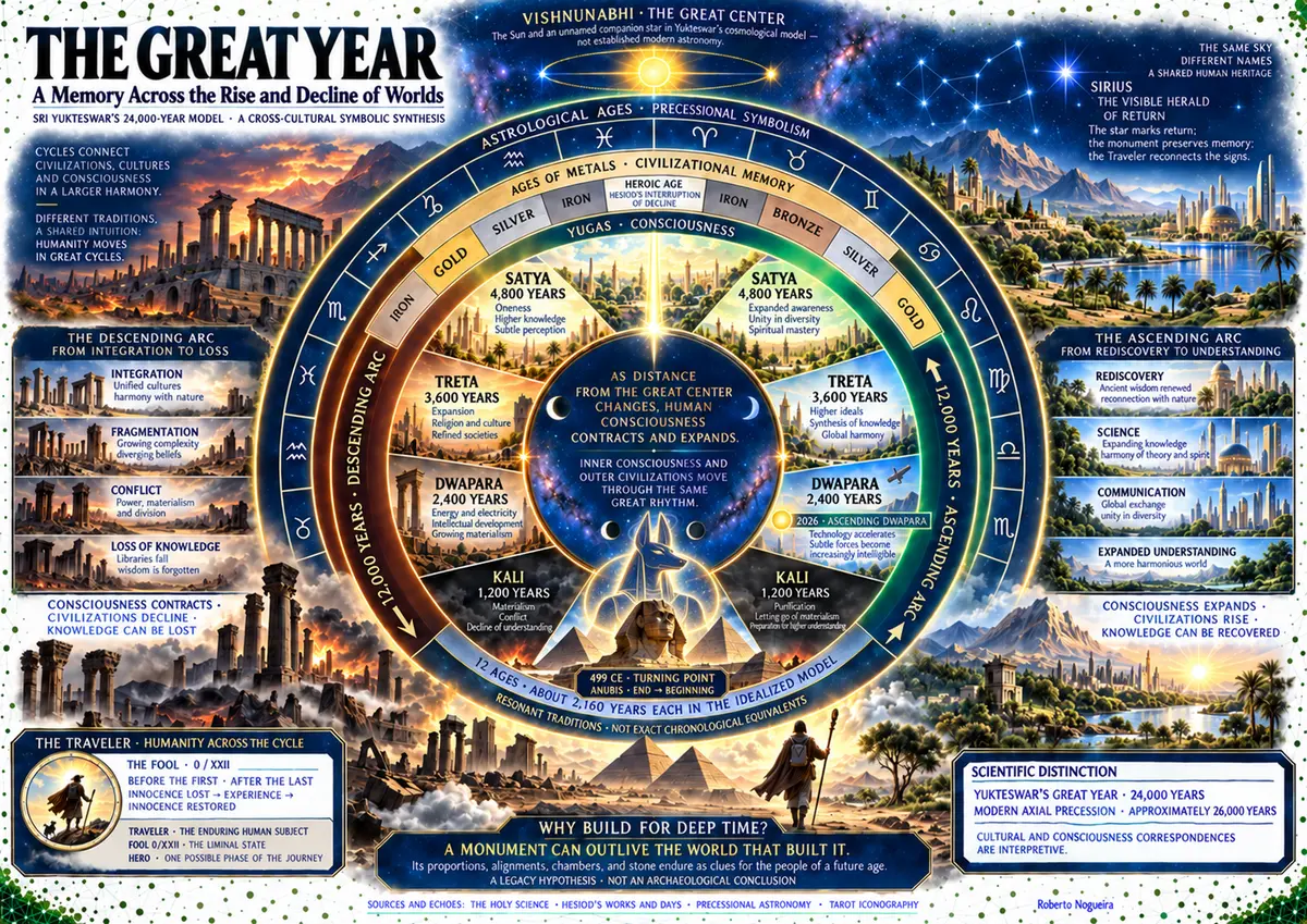 Interpretive map connecting the Great Year, Yugas, ages of metals, astrological ages, civilizational memory, and the Traveler