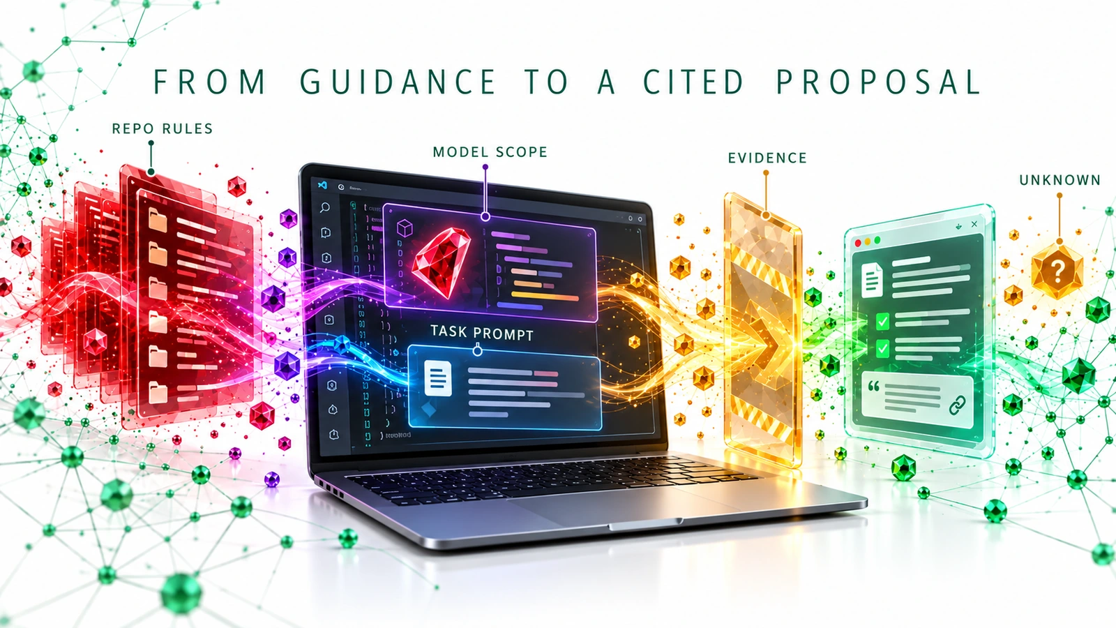 A Ruby model and task prompt in a conceptual editor receive repository guidance; an amber evidence gate separates a cited proposal from an unresolved question.