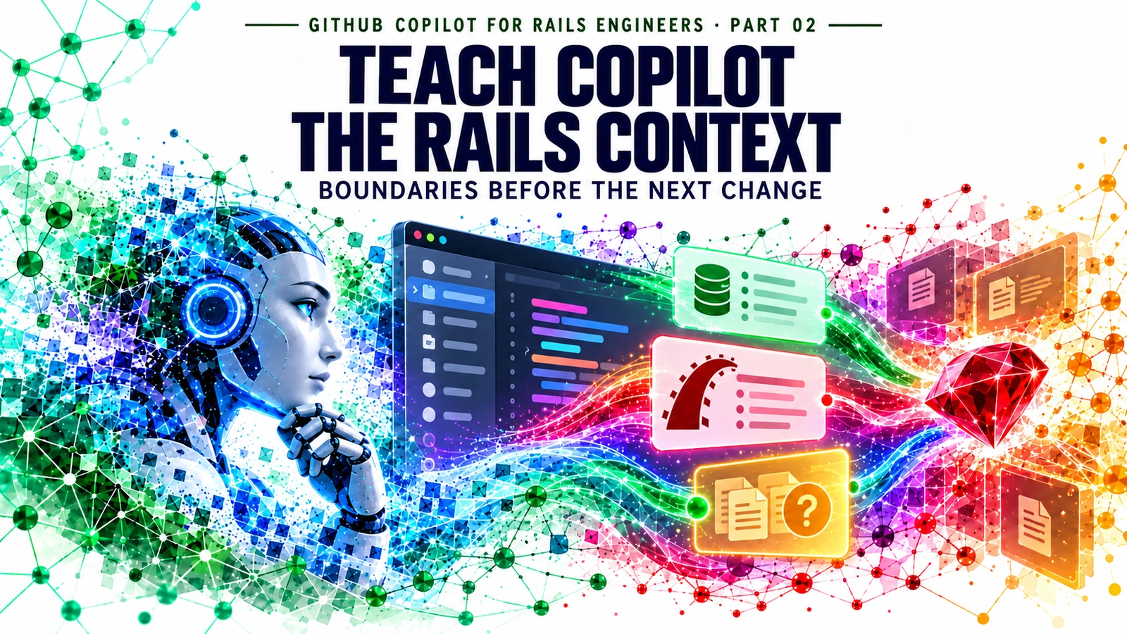 A digitized AI guide in side profile faces a conceptual CaseFlow Rails editor; layered context and a ruby-colored flow lead to an unresolved evidence question beneath the GitHub Copilot for Rails Engineers Part 02 series heading.