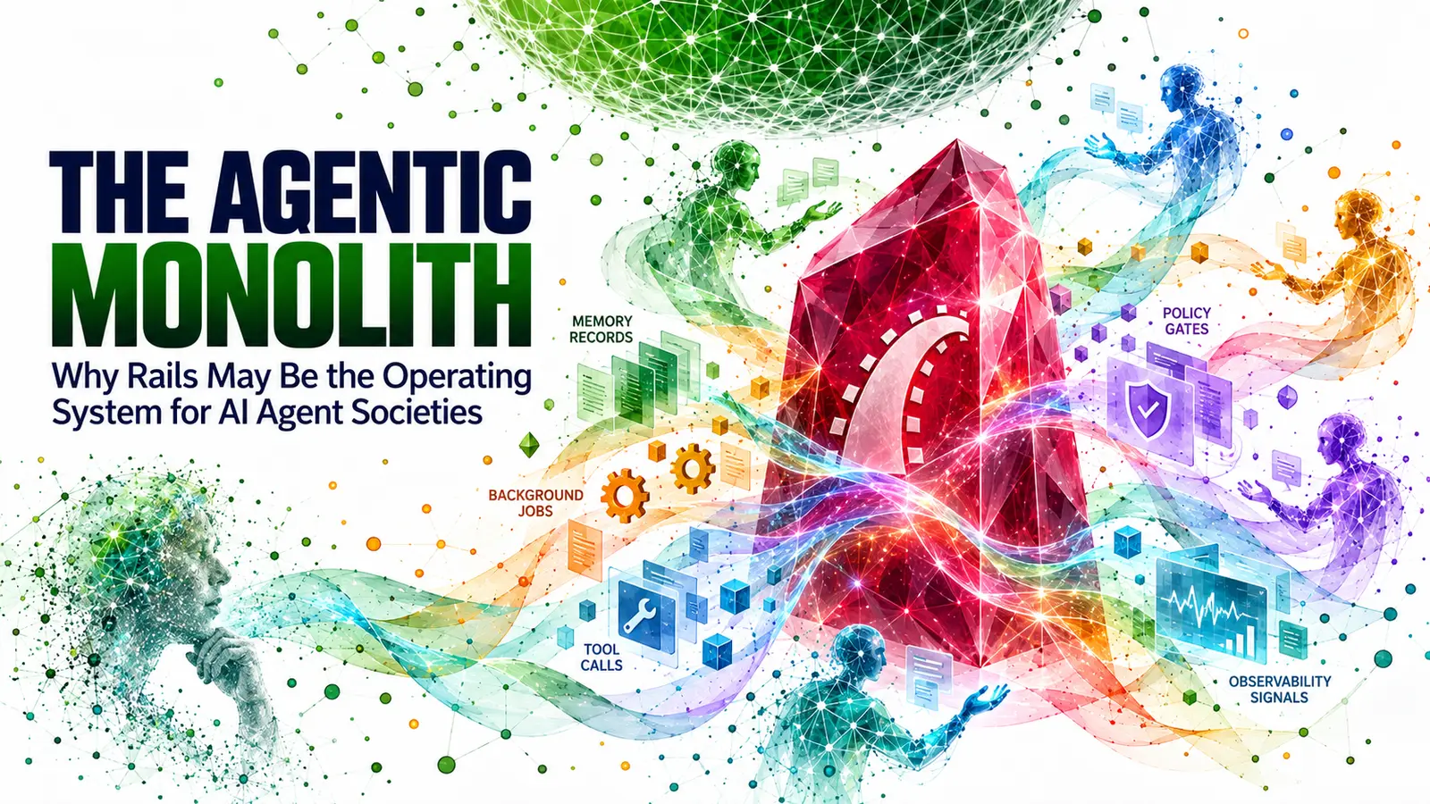 A faceted ruby-red Rails monolith coordinates memory, jobs, tools, policy, observability, and collaborating AI agents beneath a green network sphere.