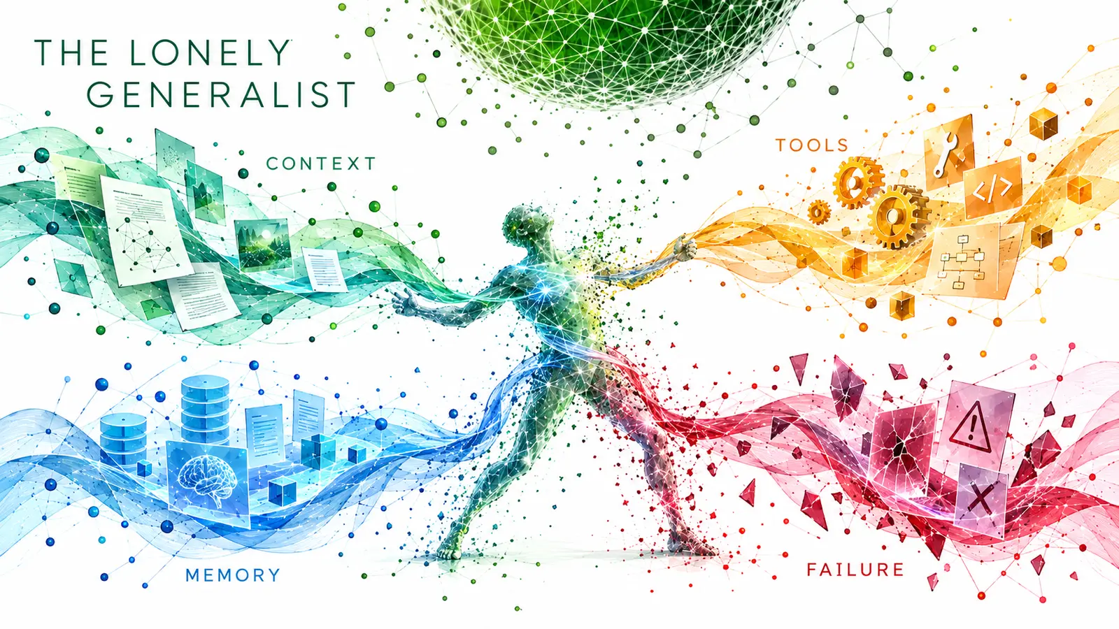 A solitary agent is pulled apart by four flowing demands labeled context, tools, memory, and failure beneath a green network sphere.