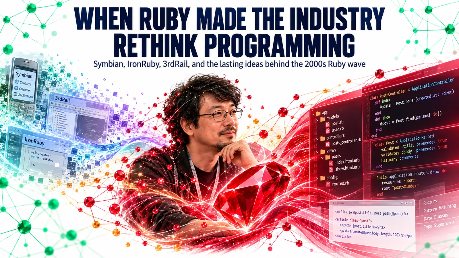 Illustrated Yukihiro Matsumoto integrated into a crimson Ruby flow: Symbian, 3rdRail, and IronRuby fade into particles while a Rails application remains