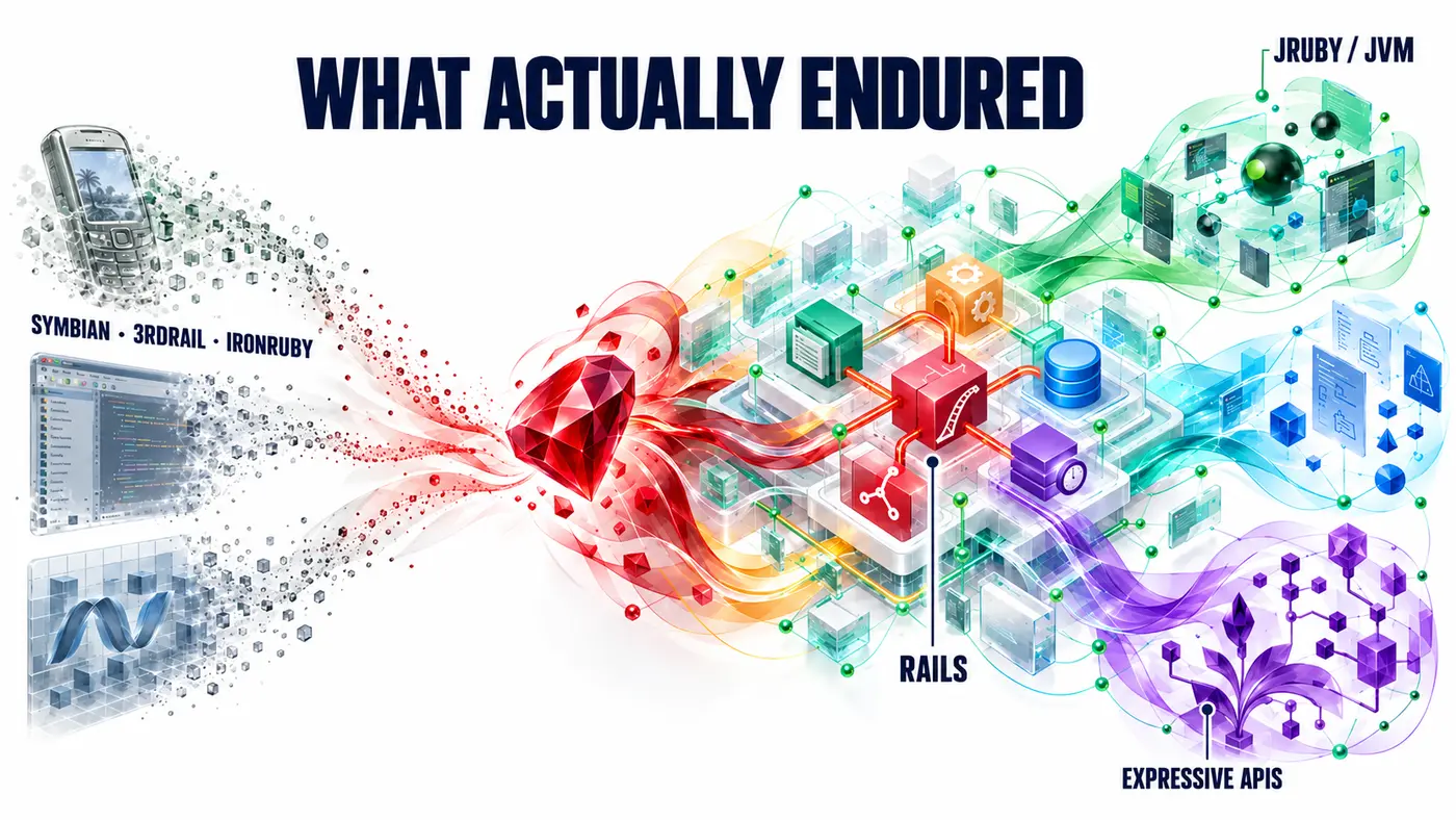 What actually endured: Symbian, 3rdRail, and IronRuby fade at left, while Ruby flows into Rails, JRuby on the JVM, and expressive APIs at right
