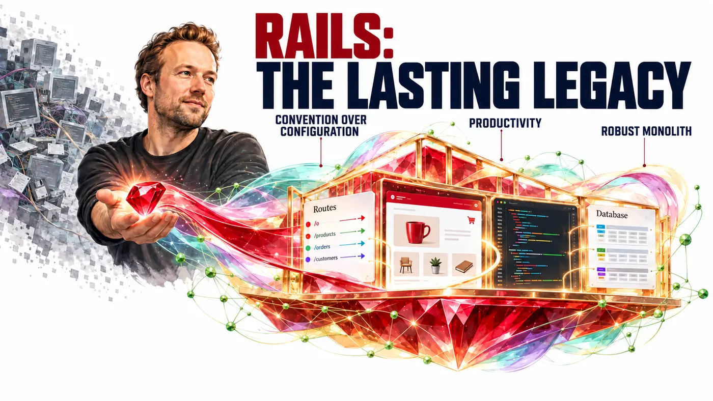 Original digital illustration of Rails creator David Heinemeier Hansson presenting an integrated web application, with convention over configuration, productivity, and robust monolith labels