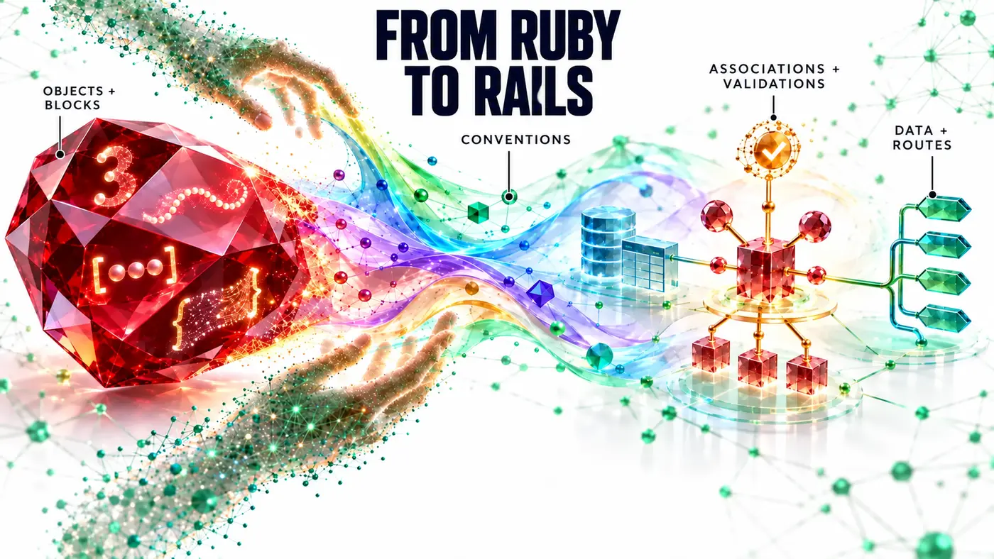 From Ruby to Rails: objects and blocks become conventions, associations, validations, data, and routes